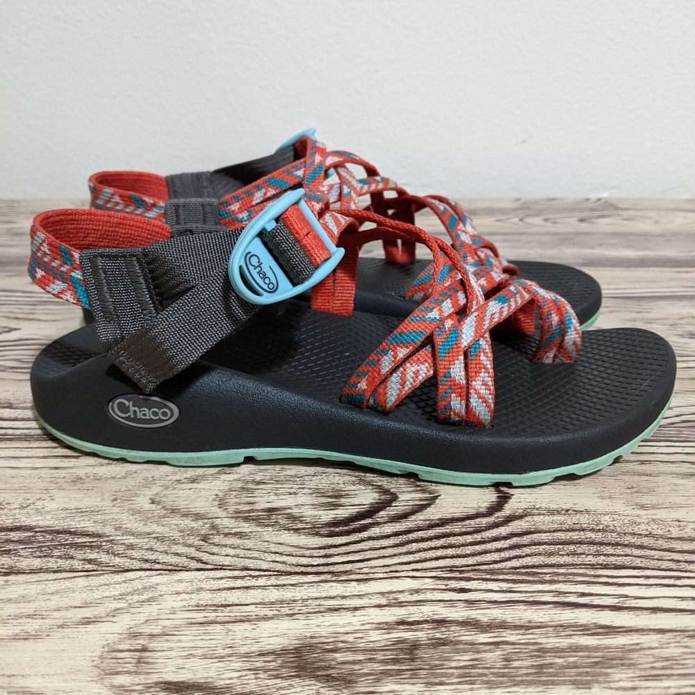 Coral and turquoise chaco sandals